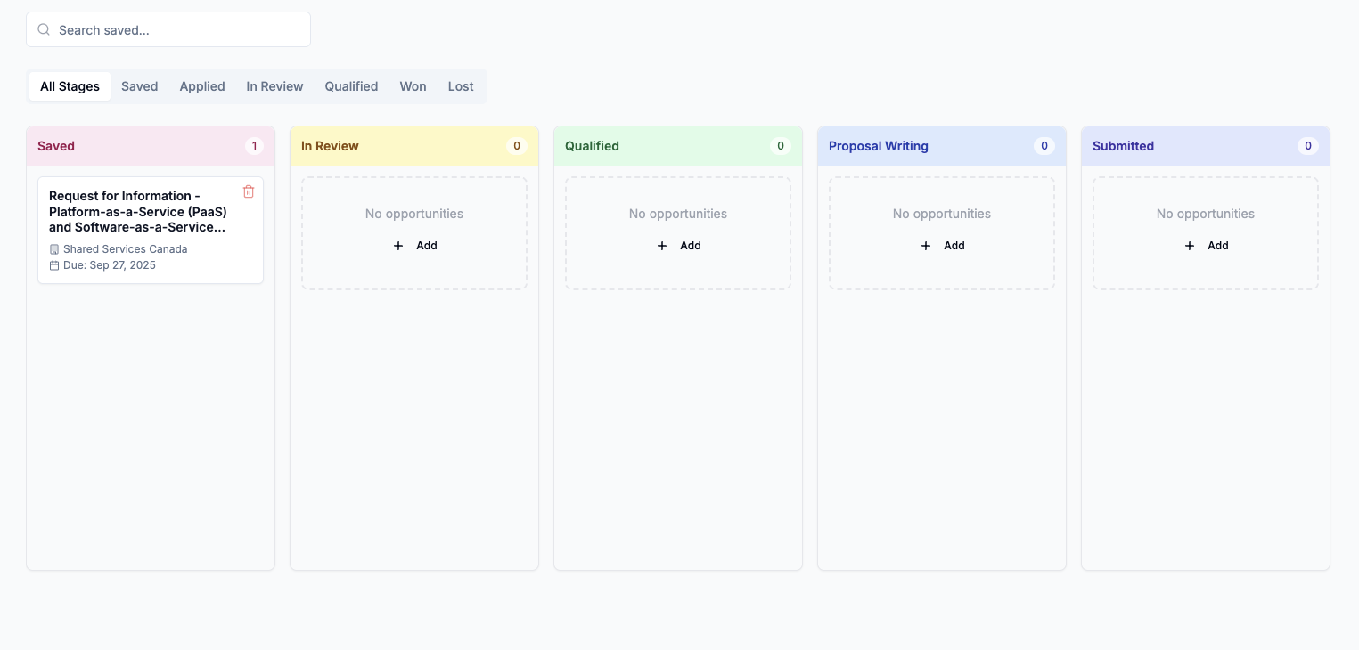 The Saved Opportunities Kanban board