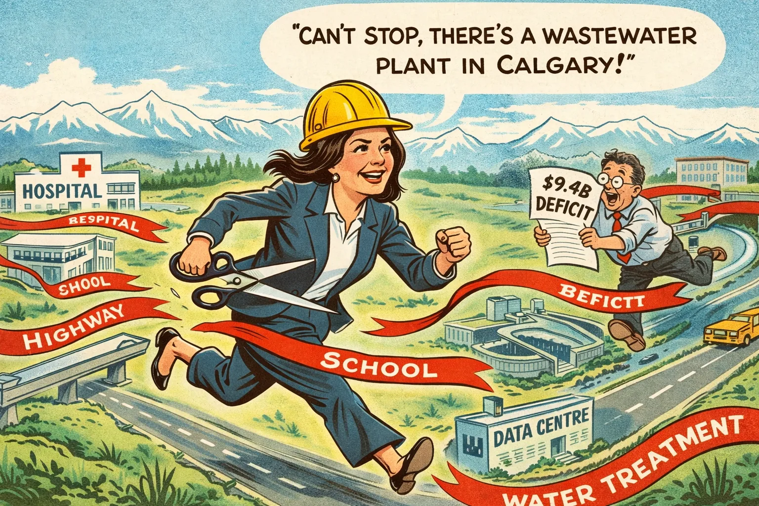 Editorial cartoon: a woman in a hard hat and business suit runs through Alberta with giant scissors, cutting ribbons marked highway, school, hospital and water treatment, shouting 'Can't stop, there's a wastewater plant in Calgary!' while a man waving a '$9.4B deficit' page chases after her.