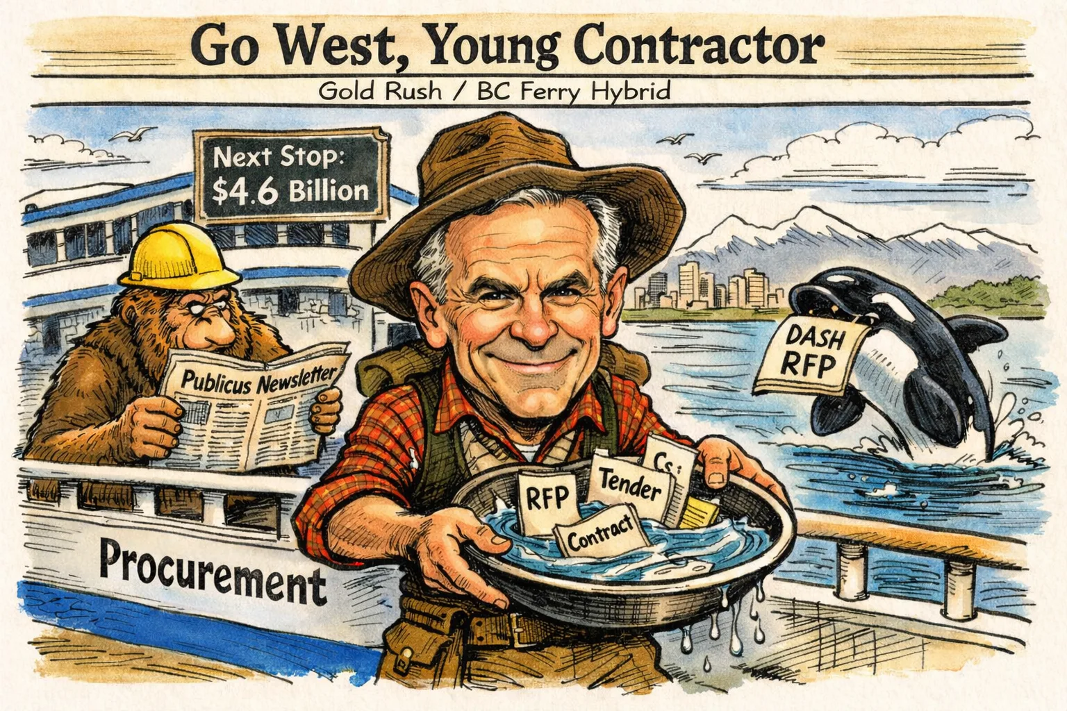 Editorial cartoon titled Go West, Young Contractor: a prospector on a B.C. ferry dock pans for RFPs, tenders and contracts while a Sasquatch in a hard hat reads the Publicus newsletter under a sign reading Next Stop: 4.6 Billion, and an orca leaps from the water holding a DASH RFP.