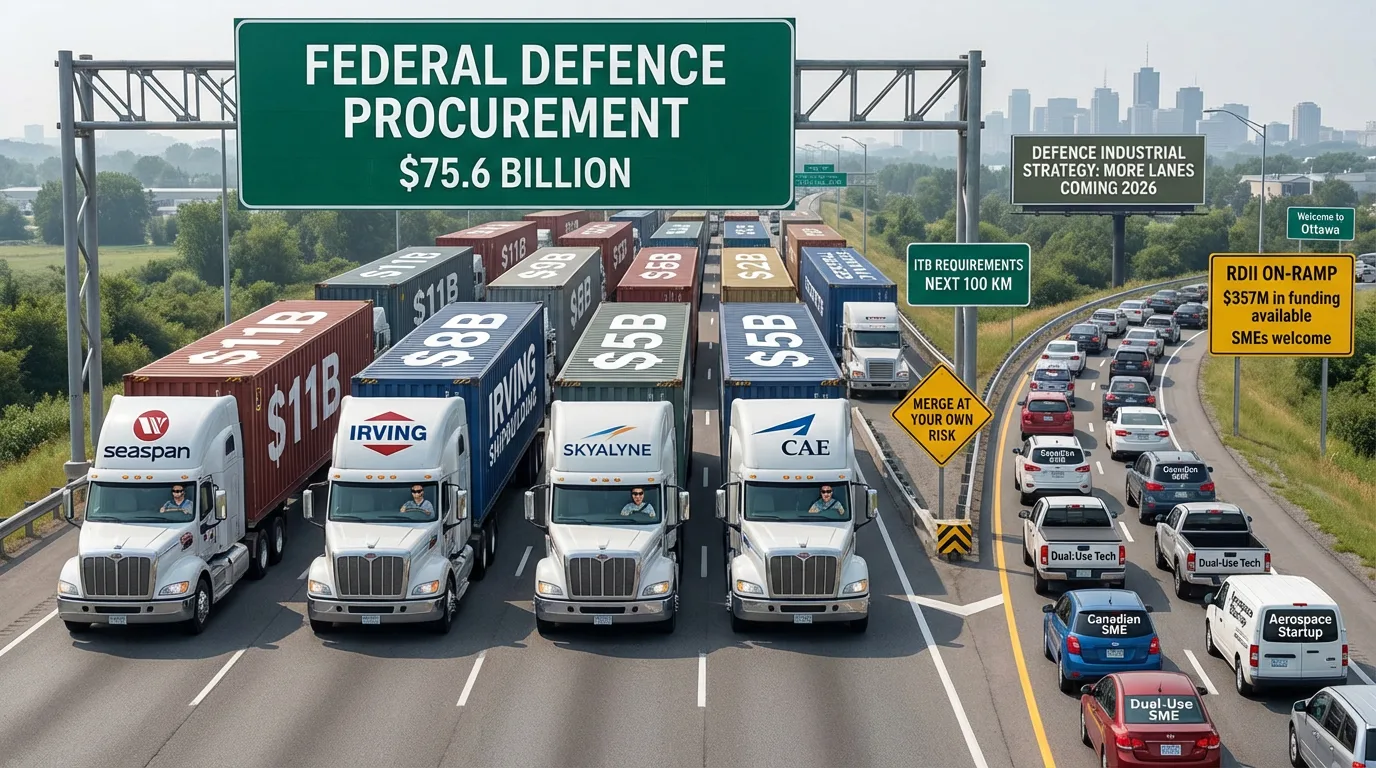 Editorial illustration: a highway under a sign reading Federal Defence Procurement $75.6 billion, with four transport trucks branded Seaspan, Irving, SkyAlyne and CAE hauling containers marked $11B, $8B and $5B in the main lanes, while cars labelled Canadian SME, Dual-Use Tech and Aerospace Startup queue on an RDII on-ramp sign offering $357M in funding.