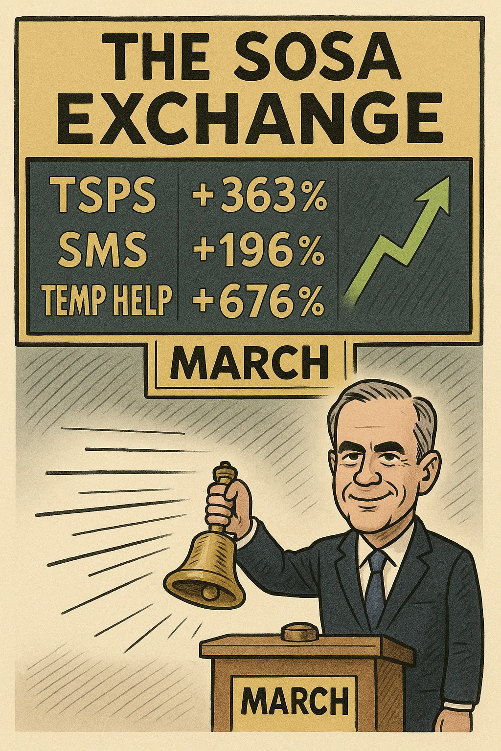 Editorial cartoon: a man in a dark suit rings a brass bell at a podium marked March, beneath a board titled The SOSA Exchange showing TSPS up 363 percent, SMS up 196 percent and Temp Help up 676 percent.